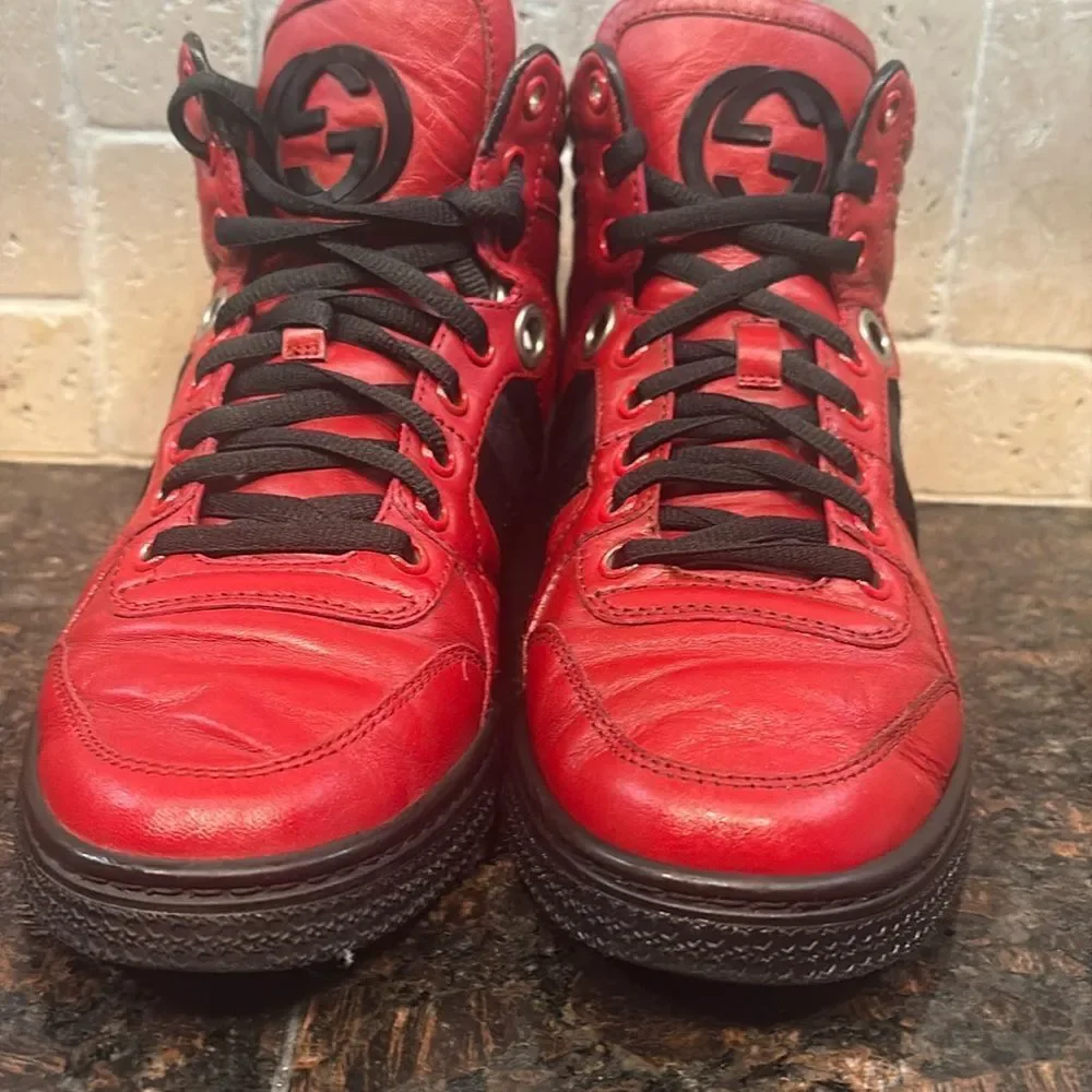 Gucci Silverstone NS Nylon High 'Red' Viaggio Leather Stripe Collection $890